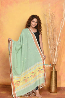  Mastaani ~ Handloom Pure Cotton Paithani Dupatta With Beautiful Handweave and Tassels ~ Green