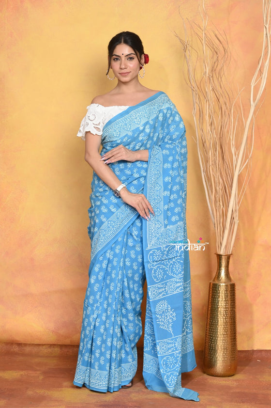Mastaani ~ Handblock Printed Cotton Saree With Natural Dyes - Sky Blue