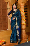Gaurangi ~ Handloom Cotton Silk Saree with Golden Border in Exclusive Indigo Blue with Vine Pallu