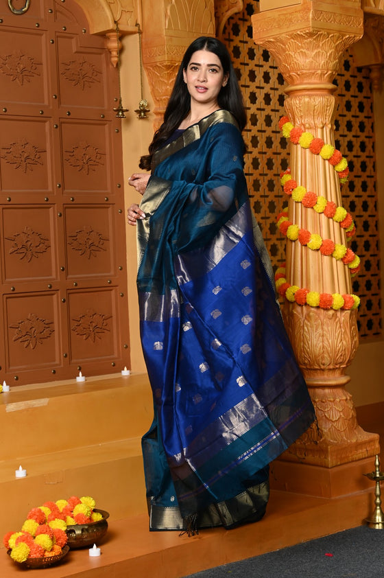 Gaurangi ~ Handloom Cotton Silk Saree with Golden Border in Exclusive Indigo Blue with Vine Pallu