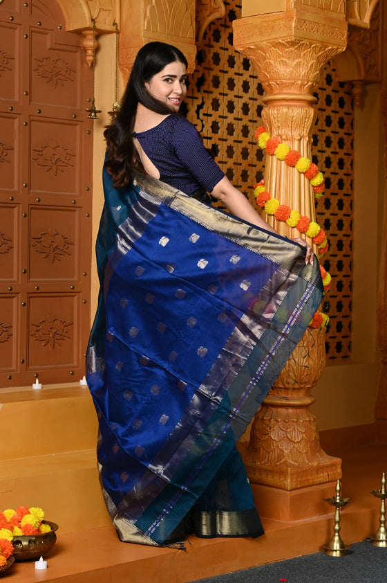 Gaurangi ~ Handloom Cotton Silk Saree with Golden Border in Exclusive Indigo Blue with Vine Pallu