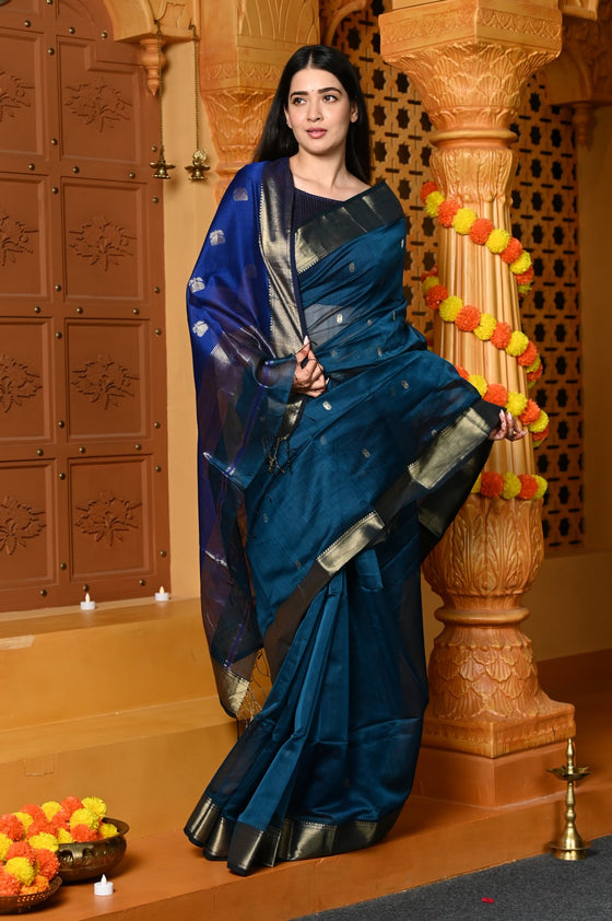 Gaurangi ~ Handloom Cotton Silk Saree with Golden Border in Exclusive Indigo Blue with Vine Pallu
