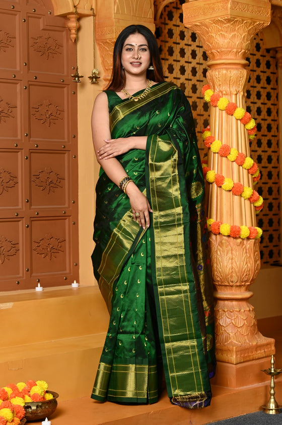 Gaurangi Chandrakor ~ Handloom Pure Silk Maharani Paithani with Majestic Maharani Pallu in Royal Green