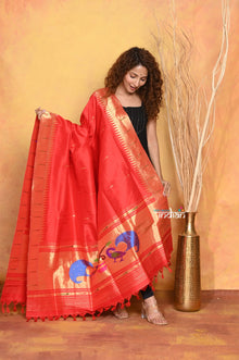  Mastaani ~ Handloom Pure Silk Muniya Border Paithani Dupatta With Beautiful Handweave and Tassels ~ Red