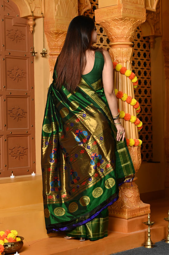 Gaurangi Chandrakor ~ Handloom Pure Silk Maharani Paithani with Majestic Maharani Pallu in Royal Green