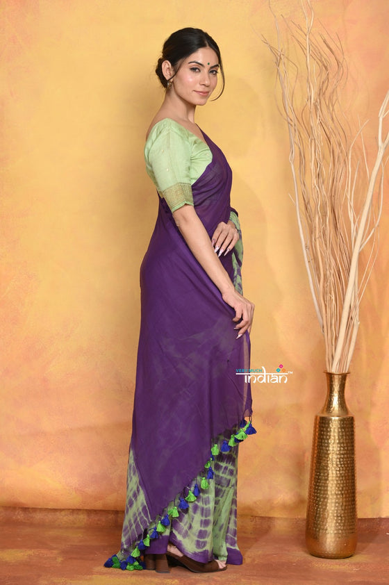 Mastaani ~ Tie & Dye Handloom Mul Cotton Saree - Purple Green