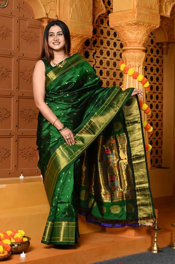 Gaurangi Chandrakor ~ Handloom Pure Silk Maharani Paithani with Majestic Maharani Pallu in Royal Green