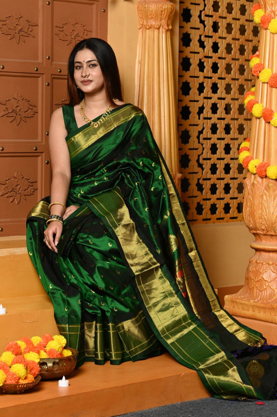 Gaurangi Chandrakor ~ Handloom Pure Silk Maharani Paithani with Majestic Maharani Pallu in Royal Green