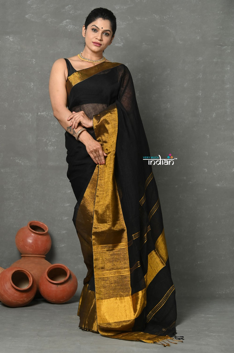Tyohaar ~ Handloom Pure Cotton Linen Saree With Golden Border - Black ...