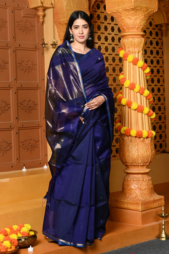 Gaurangi ~ Handloom Cotton Silk Saree with Sleek Golden Border in Exclusive Royal Blue