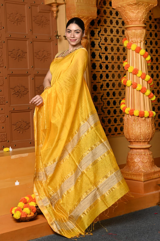 Gaurangi ~ Handloom Cotton Silk with Sleek Designer Border in Sunrise Yellow