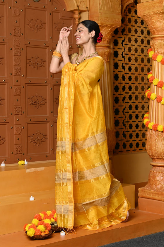 Gaurangi ~ Handloom Cotton Silk with Sleek Designer Border in Sunrise Yellow