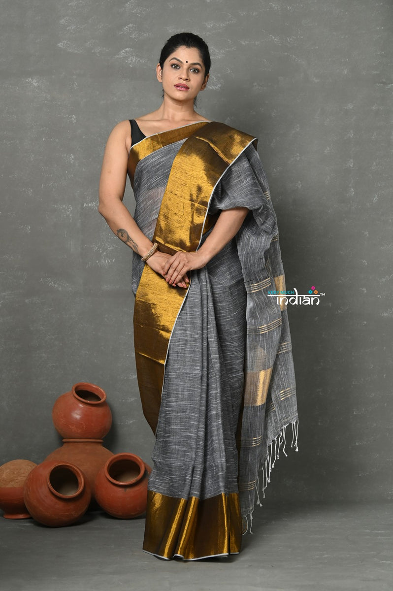 Tyohaar ~ Handloom Pure Cotton Linen Saree With Golden Border - Grey G ...