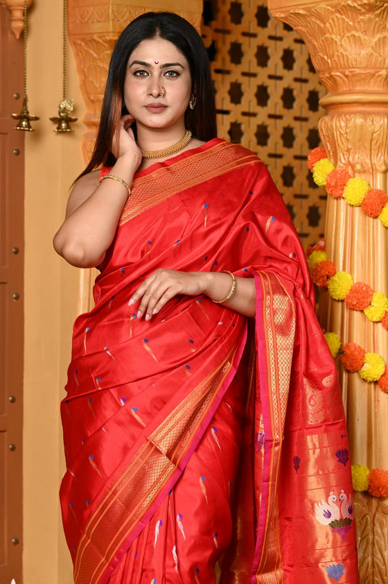 Gaurangi ~ Handloom Pure Silk Paithani Saree with Designer Swan Pallu and Muniya Buttis in Red