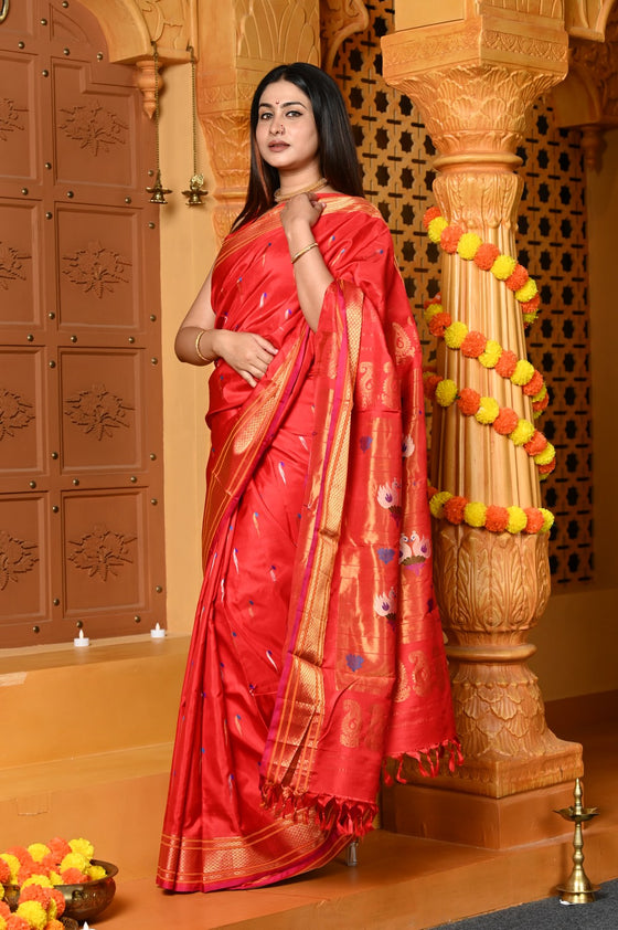 Gaurangi ~ Handloom Pure Silk Paithani Saree with Designer Swan Pallu and Muniya Buttis in Red