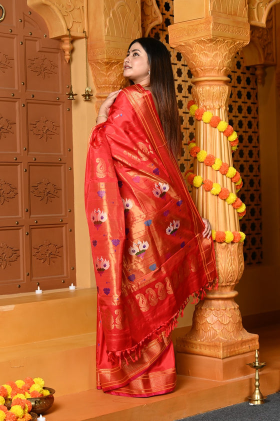 Gaurangi ~ Handloom Pure Silk Paithani Saree with Designer Swan Pallu and Muniya Buttis in Red
