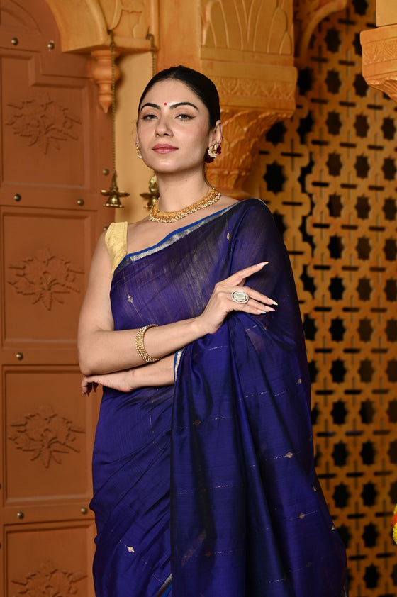 Gaurangi ~ Handloom Cotton Silk Saree with Sleek Golden Border in Exclusive Indigo Blue