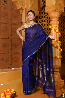  Gaurangi ~ Handloom Cotton Silk Saree with Sleek Golden Border in Exclusive Indigo Blue