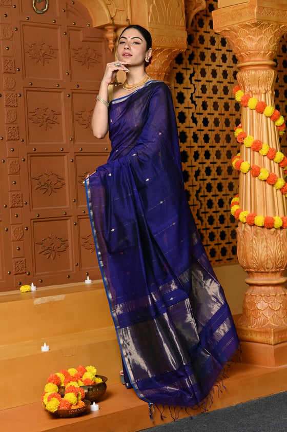 Gaurangi ~ Handloom Cotton Silk Saree with Sleek Golden Border in Exclusive Indigo Blue