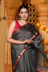 Gaurangi ~ Handloom Cotton Silk Chanderi Saree With Sleek Border~ Grey
