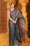 Gaurangi ~ Handloom Cotton Silk Chanderi Saree With Sleek Border~ Grey