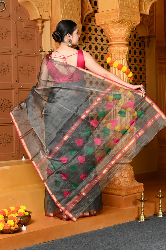 Gaurangi ~ Handloom Cotton Silk Chanderi Saree With Sleek Border~ Grey