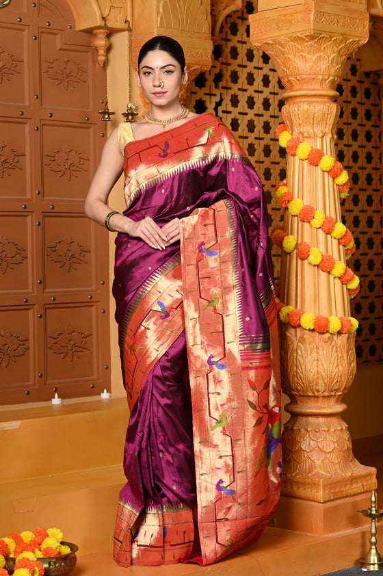 Gaurangi ~ Handloom Pure Silk Paithani Saree with Handcrafted Peacock Parrot Zari Border in Wine
