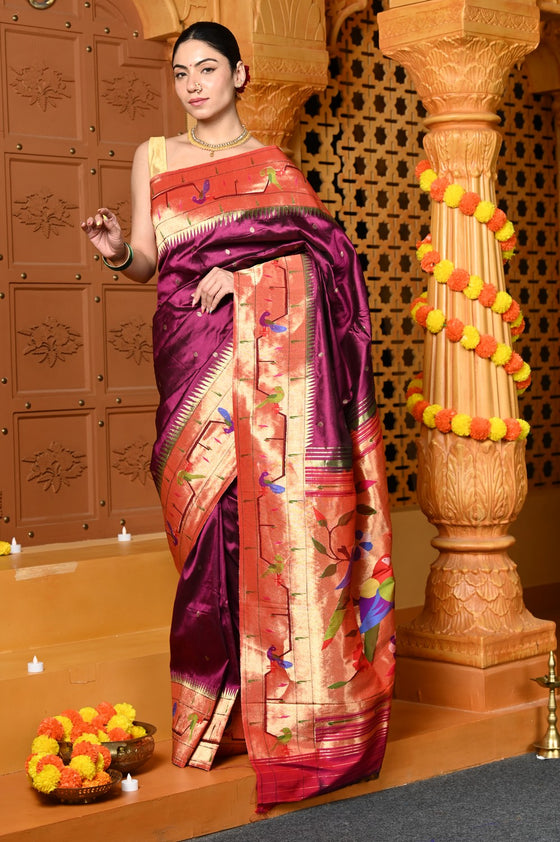 Gaurangi ~ Handloom Pure Silk Paithani Saree with Handcrafted Peacock Parrot Zari Border in Wine