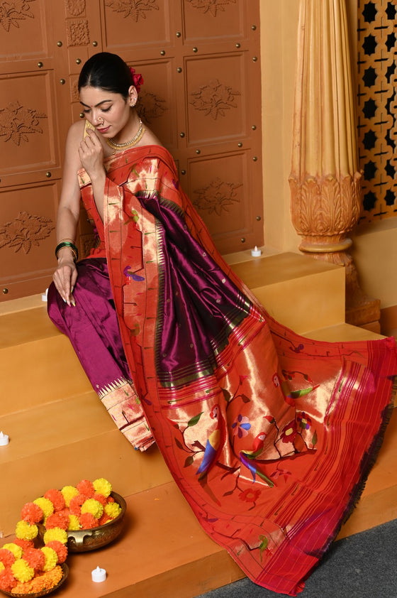 Gaurangi ~ Handloom Pure Silk Paithani Saree with Handcrafted Peacock Parrot Zari Border in Wine