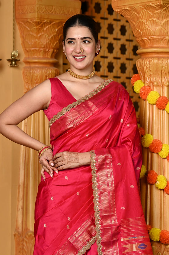 Gaurangi Premium ~ Handloom Pure Silk Paithani Saree with Exclusive Embroidered Border & Handcrafted Double Pallu in Pink