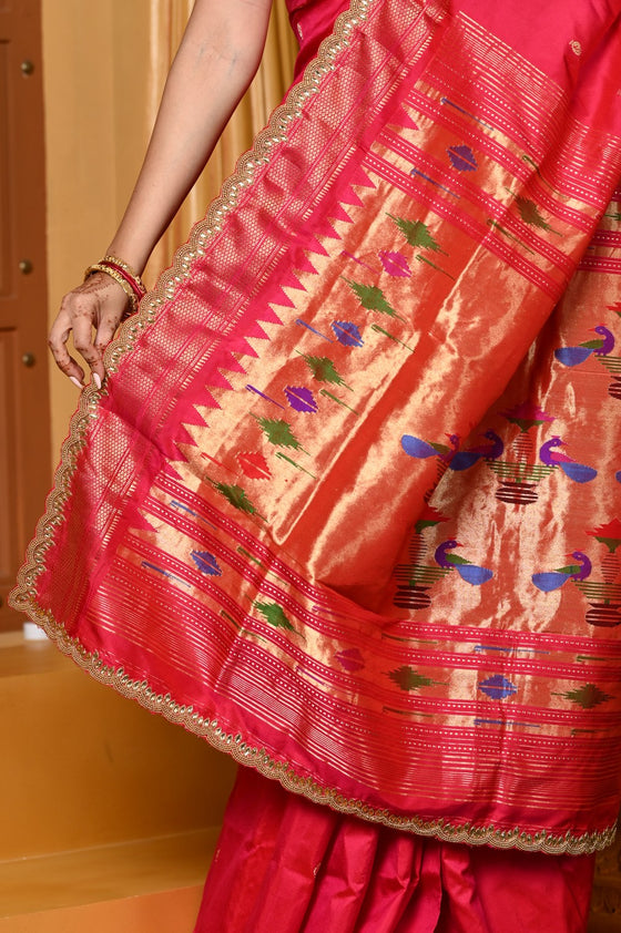 Gaurangi Premium ~ Handloom Pure Silk Paithani Saree with Exclusive Embroidered Border & Handcrafted Double Pallu in Pink