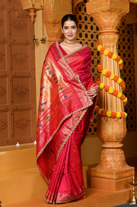 Gaurangi Premium ~ Handloom Pure Silk Paithani Saree with Exclusive Embroidered Border & Handcrafted Double Pallu in Pink