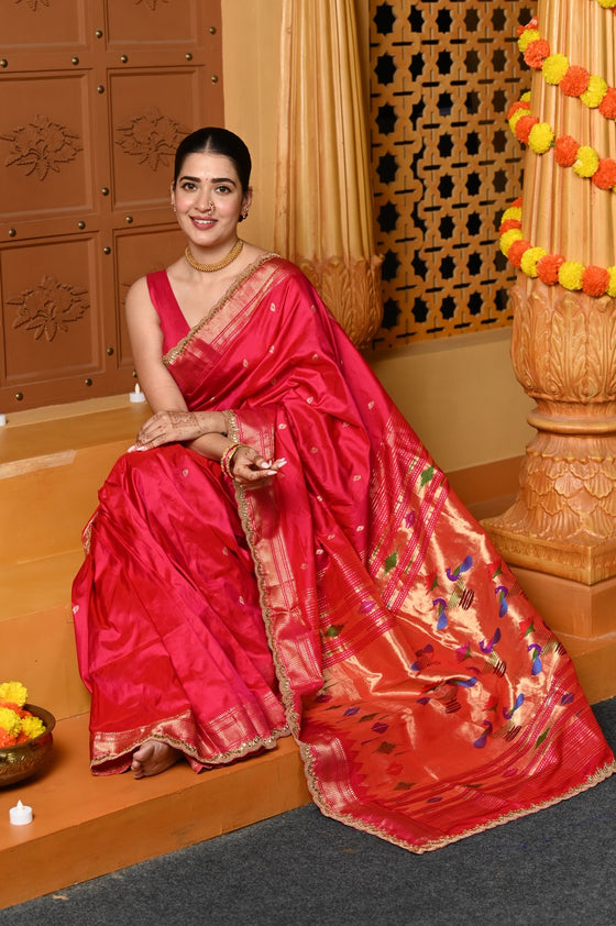 Gaurangi Premium ~ Handloom Pure Silk Paithani Saree with Exclusive Embroidered Border & Handcrafted Double Pallu in Pink