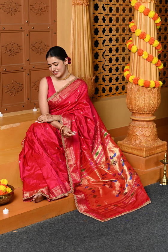 Gaurangi Premium ~ Handloom Pure Silk Paithani Saree with Exclusive Embroidered Border & Handcrafted Double Pallu in Pink