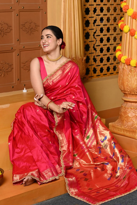 Gaurangi Premium ~ Handloom Pure Silk Paithani Saree with Exclusive Embroidered Border & Handcrafted Double Pallu in Pink