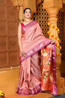  Gaurangi ~ Handloom Pure Silk Paithani Saree with Traditional Asawali Pallu in Peach and Mauve