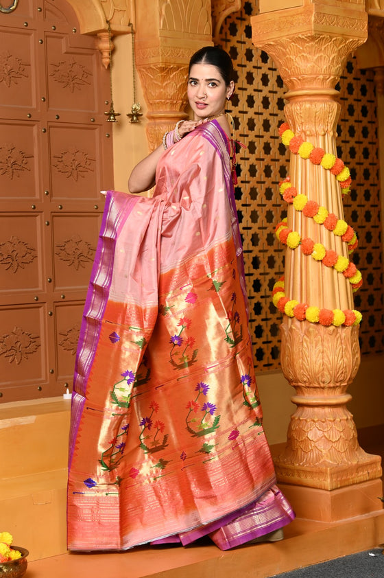Gaurangi ~ Handloom Pure Silk Paithani Saree with Traditional Asawali Pallu in Peach and Mauve