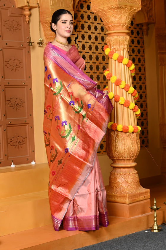 Gaurangi ~ Handloom Pure Silk Paithani Saree with Traditional Asawali Pallu in Peach and Mauve