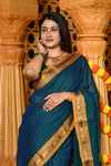 Gaurangi ~ Pure Cotton Saree in Regal Salient Peacock Blue with Exclusive Zari Border & Pallu