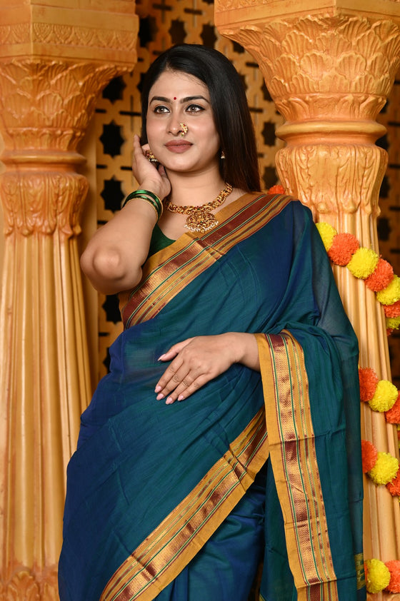 Gaurangi ~ Pure Cotton Saree in Regal Salient Peacock Blue with Exclusive Zari Border & Pallu
