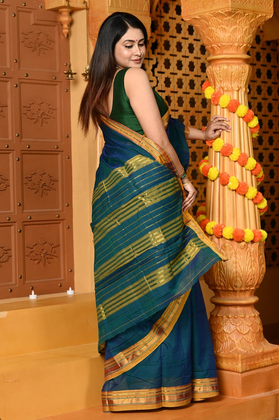 Gaurangi ~ Pure Cotton Saree in Regal Salient Peacock Blue with Exclusive Zari Border & Pallu