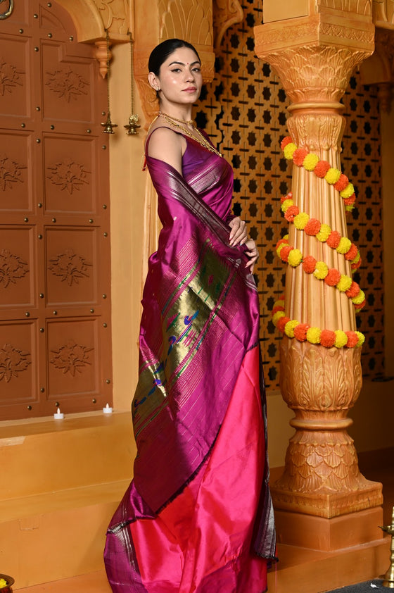 Gaurangi ~ Handloom Pure Silk Paithani Saree with Exclusive Single Pallu in Wine