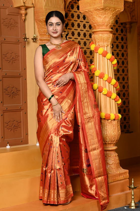 Gaurangi ~ Designed by VMI Handloom Pure Silk Tissue Paithani in Saphire Orange with Meena Floral Buttis