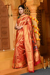 Gaurangi ~ Designed by VMI Handloom Pure Silk Tissue Paithani in Saphire Orange with Meena Floral Buttis