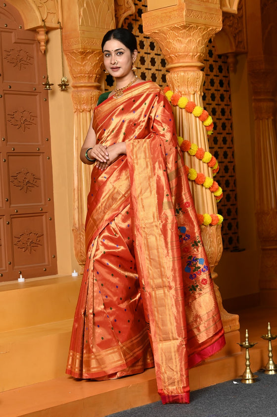 Gaurangi ~ Designed by VMI Handloom Pure Silk Tissue Paithani in Saphire Orange with Meena Floral Buttis