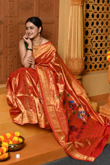  Gaurangi ~ Designed by VMI Handloom Pure Silk Tissue Paithani in Saphire Orange with Meena Floral Buttis