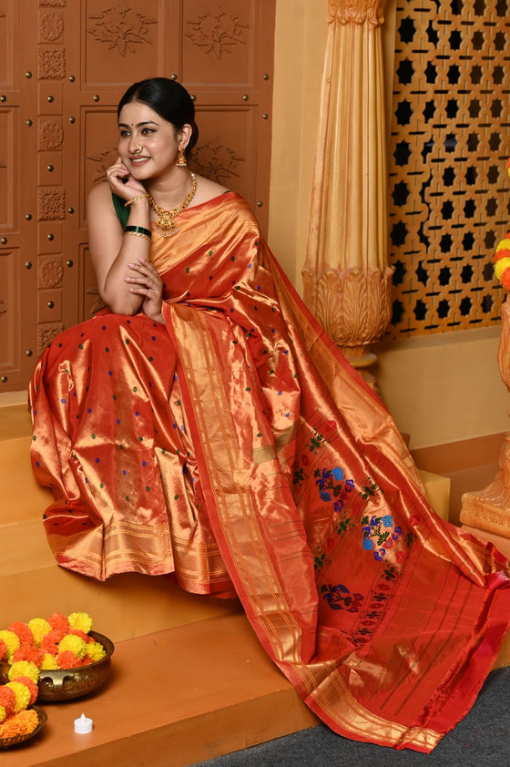 Gaurangi ~ Designed by VMI Handloom Pure Silk Tissue Paithani in Saphire Orange with Meena Floral Buttis