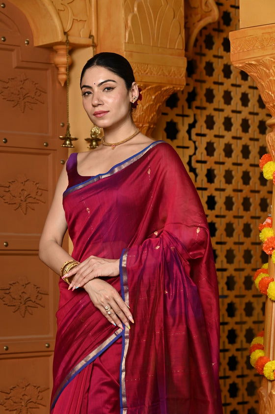 Gaurangi ~ Handloom Cotton Silk Saree with Sleek Golden Border in Exclusive Maroon