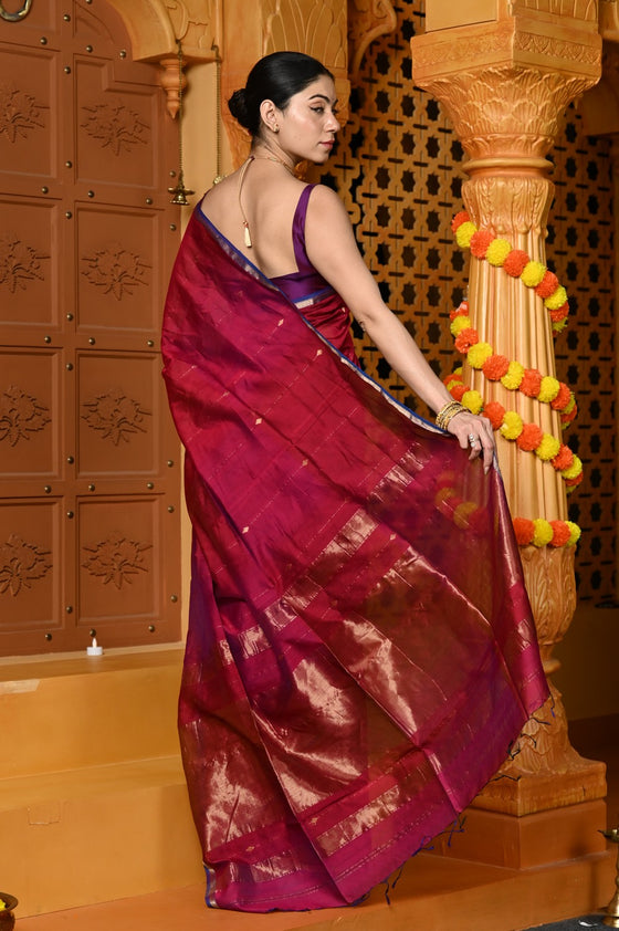 Gaurangi ~ Handloom Cotton Silk Saree with Sleek Golden Border in Exclusive Maroon