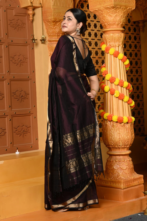 Gaurangi ~ Handloom Cotton Silk Saree with Golden Border in Exclusive Brown